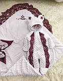 Демісезонний конверт + комбінезон на виписку, плюшевий з мереживом, бордо, фото 2