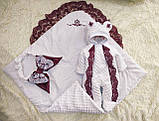Демісезонний конверт + комбінезон на виписку, плюшевий з мереживом, бордо, фото 7
