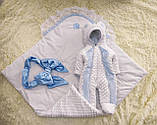 Демісезонний конверт + комбінезон на виписку, плюшевий з мереживом, блакитний, фото 6