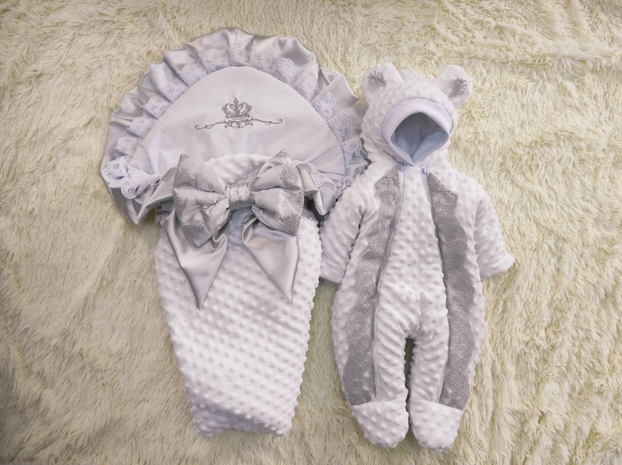 Демісезонний конверт + комбінезон на виписку, плюшевий з мереживом, сірий, фото 1