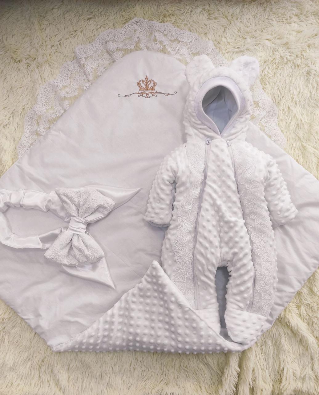Демісезонний конверт + комбінезон на виписку, плюшевий з мереживом, білий, фото 1