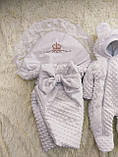 Демісезонний конверт + комбінезон на виписку, плюшевий з мереживом, білий, фото 2