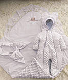 Демісезонний конверт + комбінезон на виписку, плюшевий з мереживом, білий, фото 7