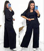 Женский брючный костюм-двойка рубашка и широкие штаны XS-S M-L XL-2XL(42-44 46-48 50-52) черный