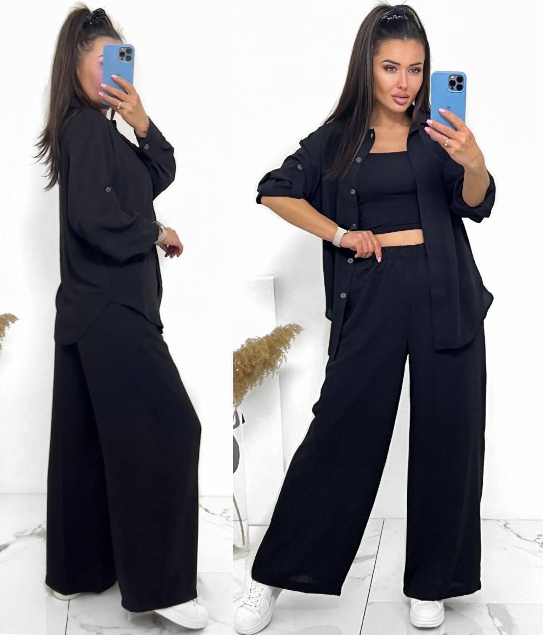 Жіночий брючний костюм-двійка сорочка та широкі штани XS-S M-L XL-2XL(42-44 46-48 50-52) чорний