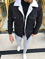 Мужская стильная утеплённая джинсовая куртка чёрная с белым мехом