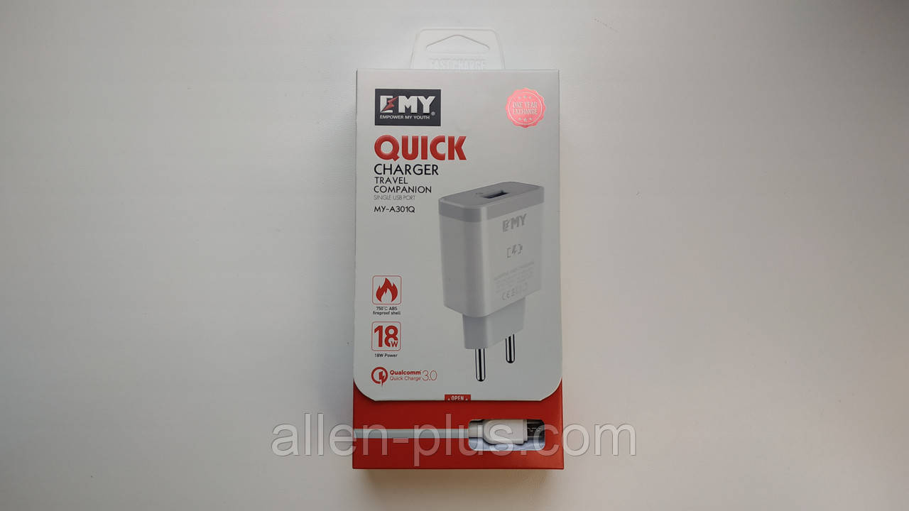 EMY Набір ЗП MY-A301Q 1 USB QC 3.0 + кабель microUSB