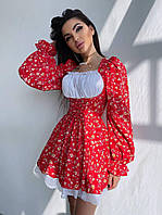 Красивое цветочное женское мини платье декорированное кружевом Smb7992