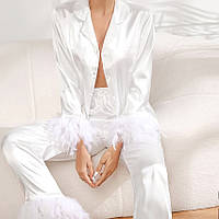 Пижама женская атласная с перьями. Комплект шелковый с длинным рукавом и штанами, размер L (белый)