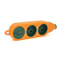 DR Колодка для удлинителя 2 гнезда+2USB без заземления 16A 220V, Orange, Q100