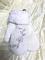 Варежки для девочек-подростков ангора с меховой подкладкой и отворотом 18 см белый