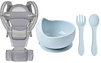 Хіпсит ерго-рюкзак Baby Carrier 6в1 та Набір посуду тарілка для перших страв Y5 прилади Сірий n-10117