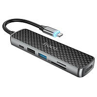 Хаб Hoco HB24 Easy display Type-C multifunction adapter(HDMI+USB3.0+USB2.0+SD+TF+PD) Metal Gray