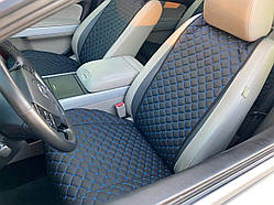 Накидки для авто з перфорованої екошкіри, Чорні з синьою стрічкою, Преміум, Повний комплект