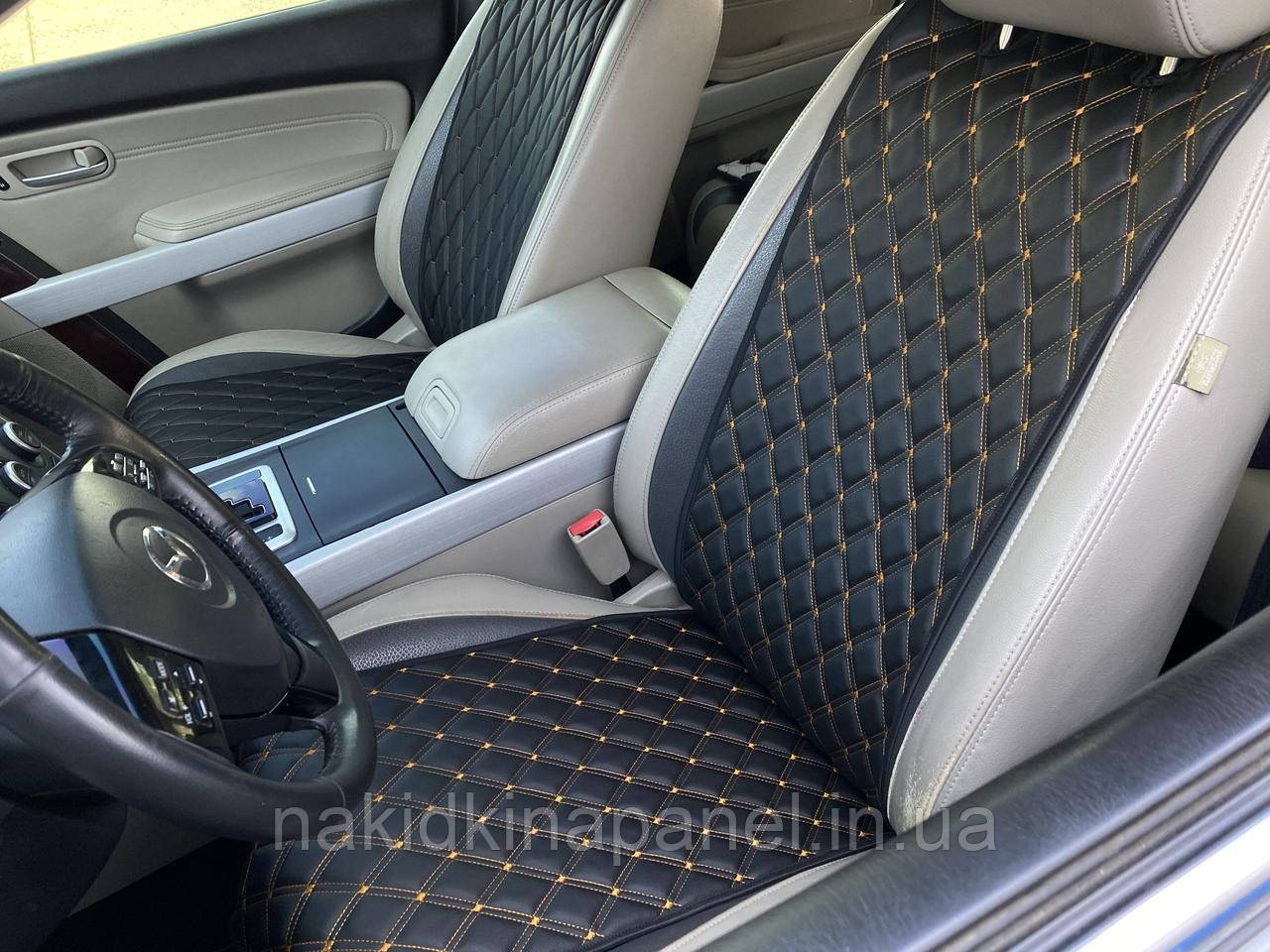 Накидки для авто з екошкіри, Чорні з подвійним жовтим рядком, Стандарт, Передній комплект, фото 1