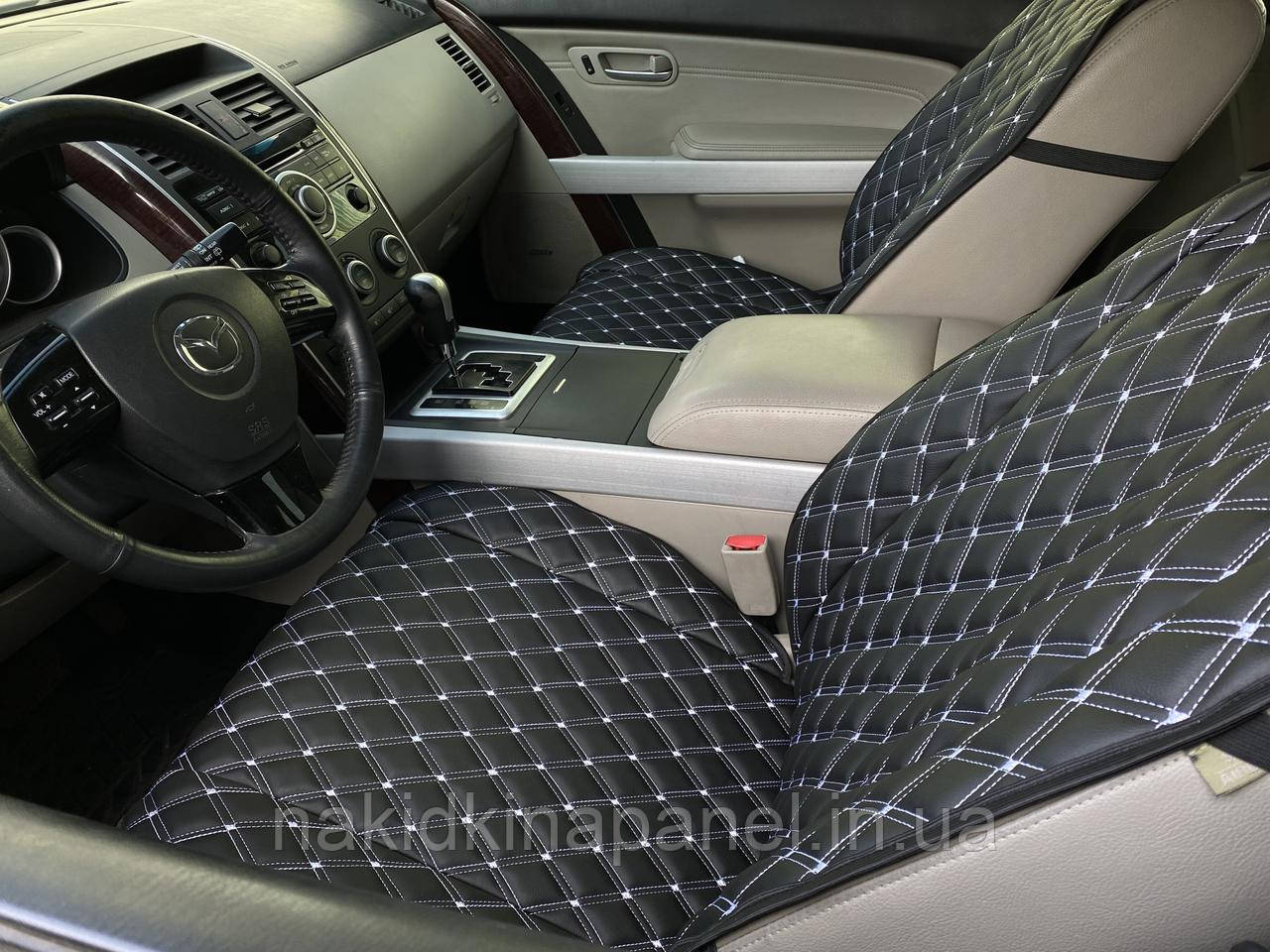 Накидки для авто з екошкіри, Чорні з подвійною білою строчкою, Преміум +, Передній комплект, фото 1