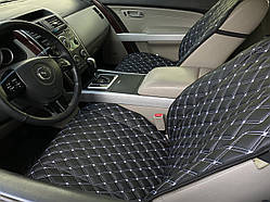 Накидки для авто з екошкіри, Чорні з подвійною білою строчкою, Преміум +, Передній комплект