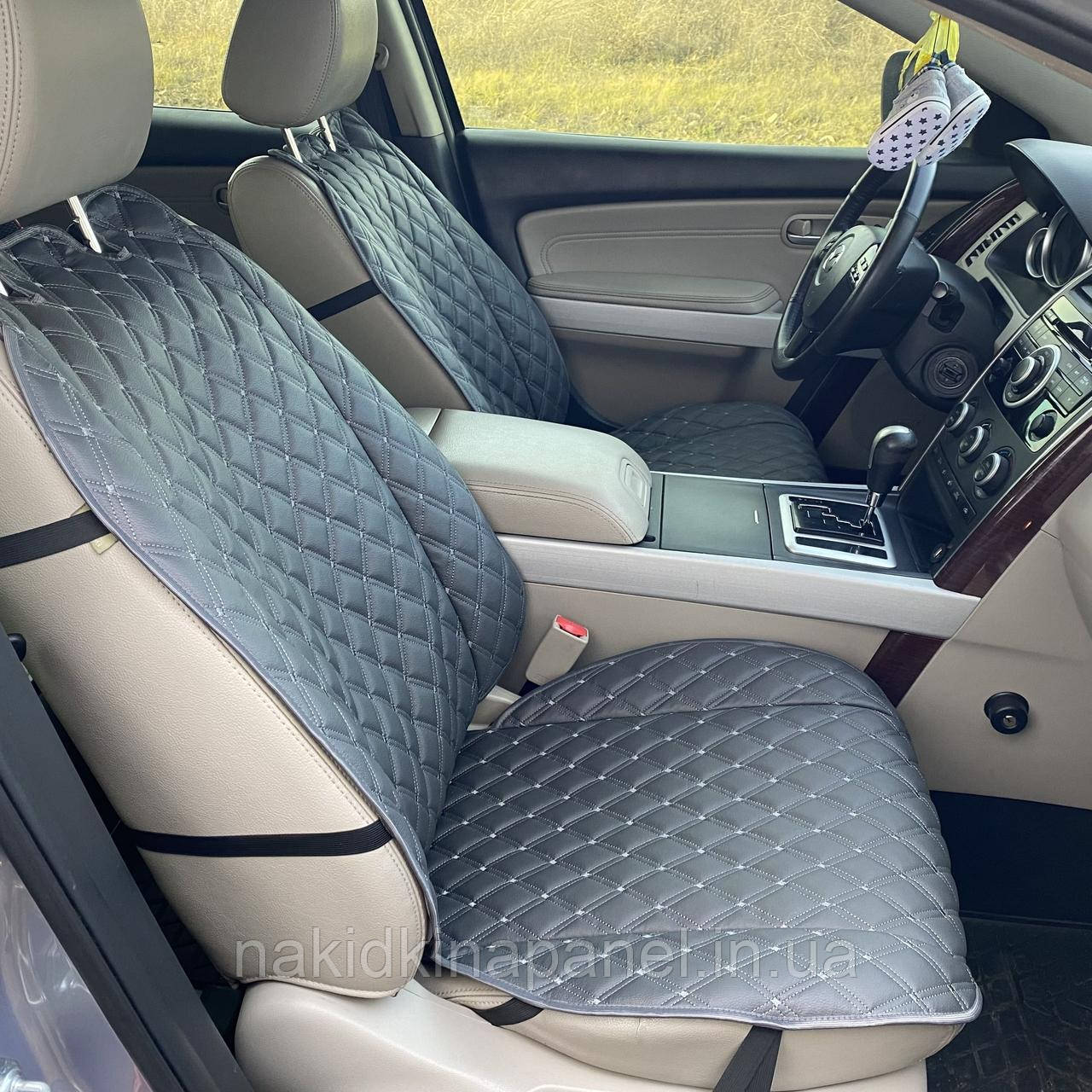 Накидки для авто з екошкіри, Темно-сірі з подвійним з сірим рядком, Преміум+, Передній комплект, фото 1