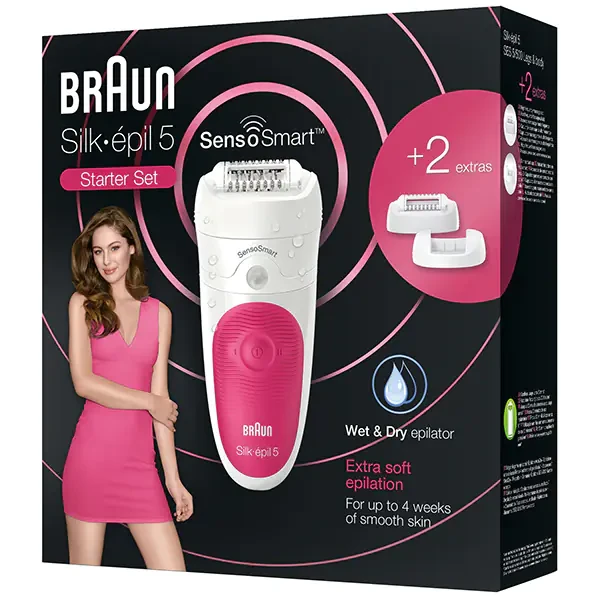 Епілятор BRAUN Silk-epil 5 SensoSmart SE5/500, 28 пінцетів, 2 швидкості, 1 аксесуар, акумулятор, біло-рожевий - фото 4 - id-p1783554733