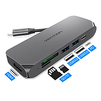 USB-хаб Vention с 6 портами (Type-C PD60W, HDMI 4K 30 Гц, USB 3.0 и 2 шт, SD/TF карты) Серый CMMHA