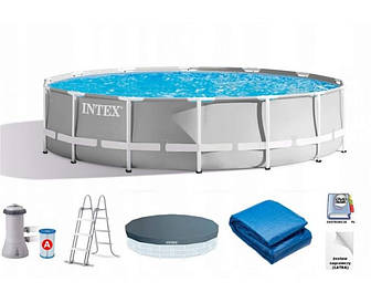 Великий каркасний басейн Intex 26720 Premium (427х107 см) Інтекс із фільтром, тентом, підкладкою і драбиною