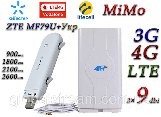 Комплект 4G+LTE WiFi Роутер ZTE MF79UA USB Київстар, Vodafone, Lifecell з антеною MIMO 2×9dbi (укр+рос меню)