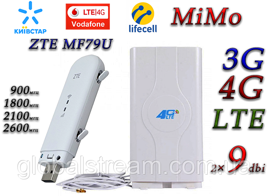 Комплект 4G+LTE+3G WiFi Роутер ZTE MF79U USB (KS,VD,Life) з антеною MIMO 2×9dbi Укр