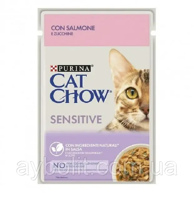 Вологий корм CatChow Sensitive пауч лосось та цукіні 85г для котів з чутливим травленням (7613037025521)