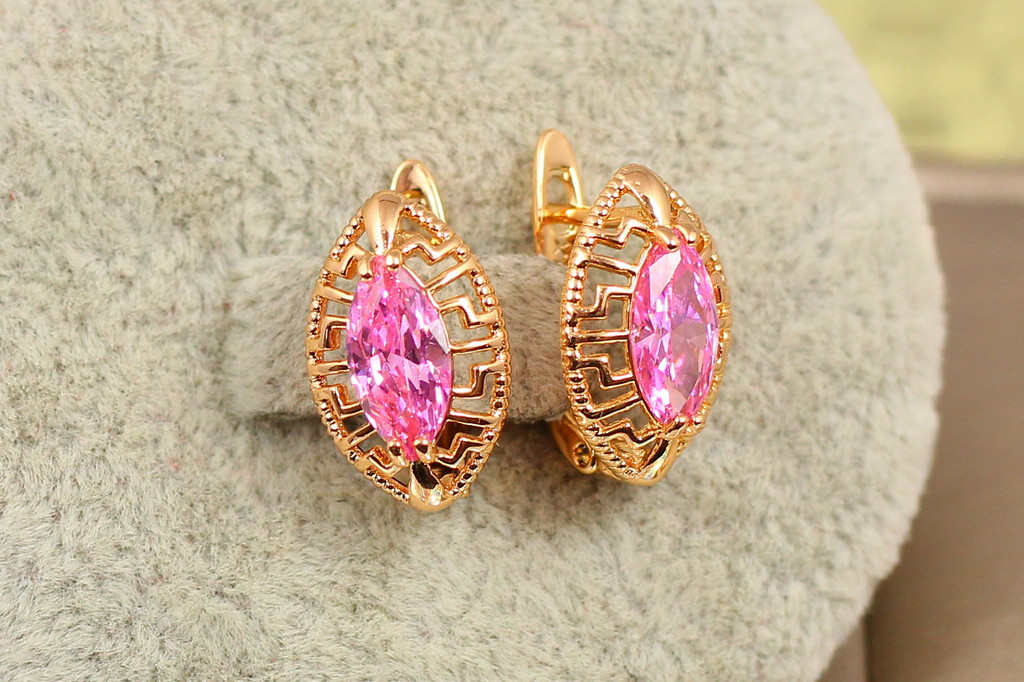 Сережки Xuping Jewelry маркиз з рожевим каменем 1.6 см золотисті