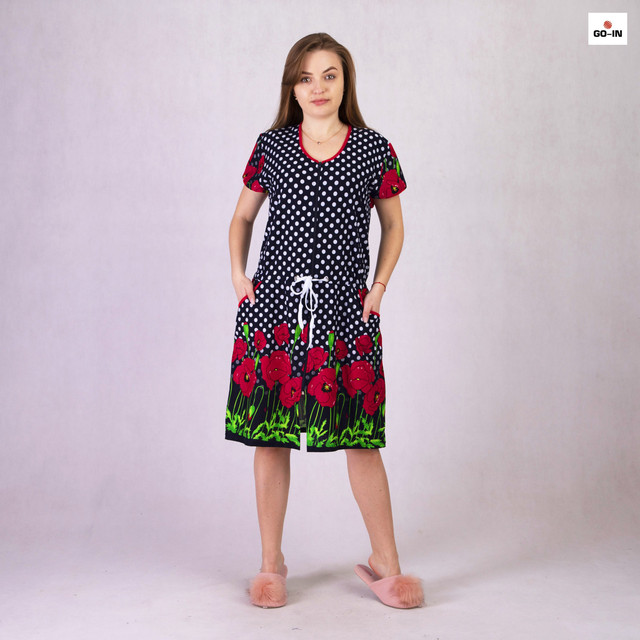 Женский летний халат на молнии с карманами в горошек с цветами 50-60р.