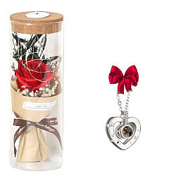Троянда в колбі з LED підсвічуванням Червона + Подарунок Кулон I Love you / Вічна троянда в тубусі-циліндрі