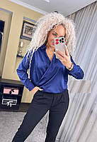 Женская нарядная модная шелковая блузка рубашка цвет темно-синий р.42