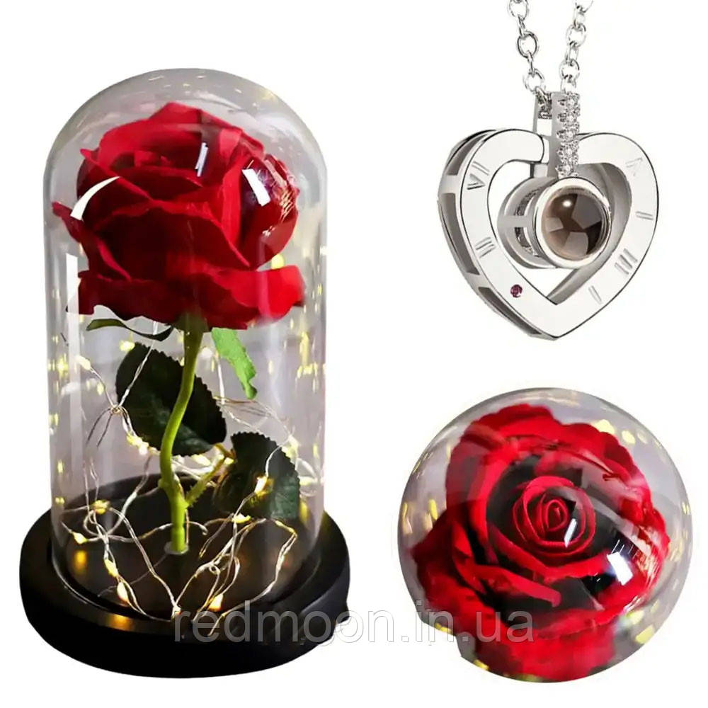 Троянда в колбі 20 см, з LED-підсвічуванням, Червона + Подарунок Кулон "I Love you" / Квітка-нічник вічна троянда