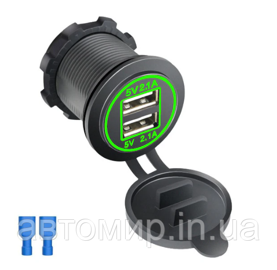 Автомобільна зарядка врізна, Гніздо-прикур. врізне 2 USB, на 2,1 А та 1 A, з індикатором 12/24 В зелений, фото 1