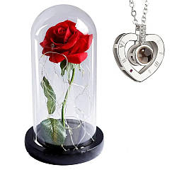 Велика троянда в колбі 20см з LED підсвічуванням / Квітка в колбі + Кулон I Love you з проекцією різними мовами