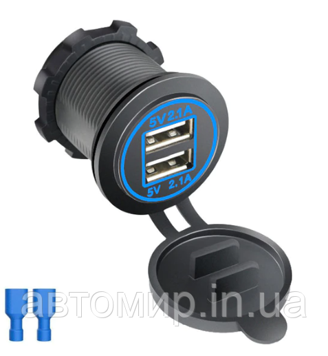 Автомобільна зарядка врізна, Гніздо-прикур. врізне 2 USB, на 2,1А и 1A, з індикатором 12/24В синій, фото 1