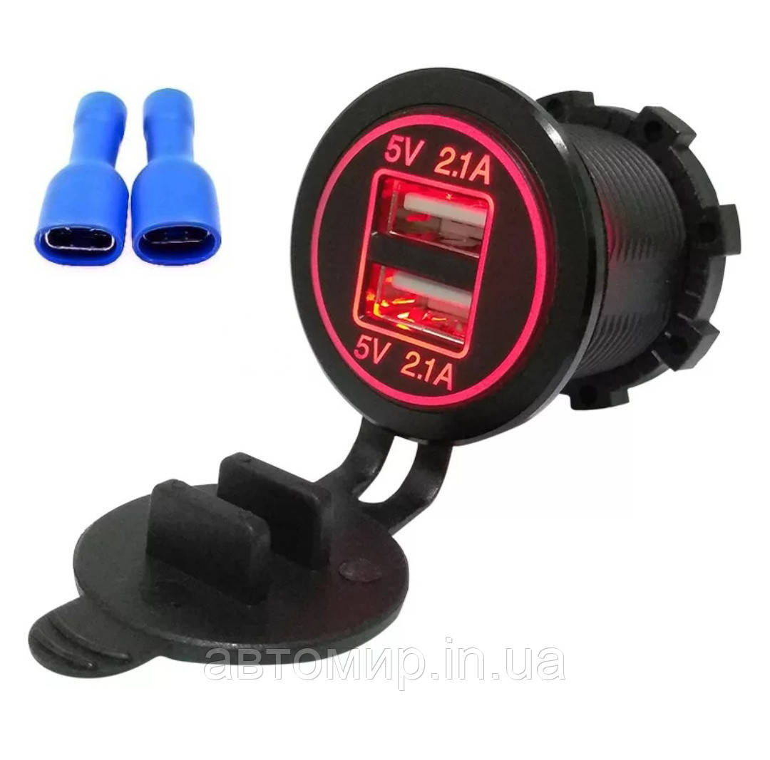 Автомобільна зарядка врізна, Гніздо-прикур. врізне 2 USB, на 2,1А і 1А, з індикатором 12/24 В червоний, фото 1