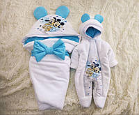 Махровый комплект одежды для новорожденных демисезонный, принт Микки Маус, белый с голубым