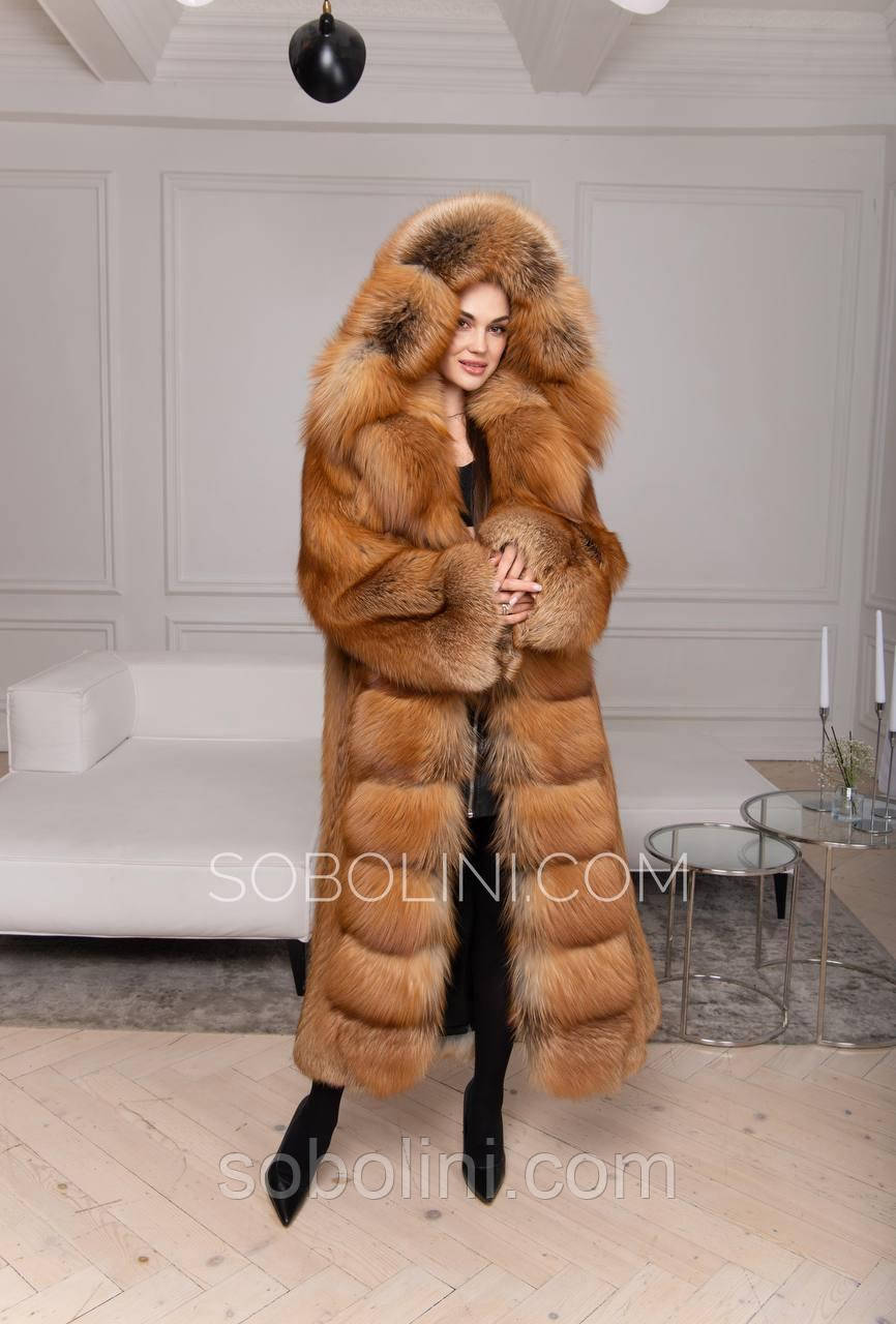 Шубка ексклюзивна з хутра Gold Fox з капюшоном, фото 1