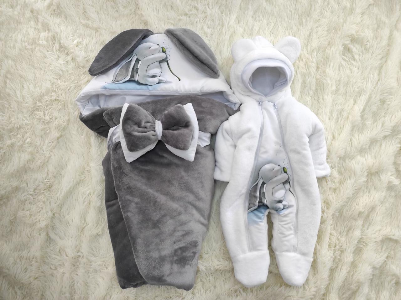 Махровий комплект одягу для новонароджених демісезонний, принт зайчик, сірий з білим