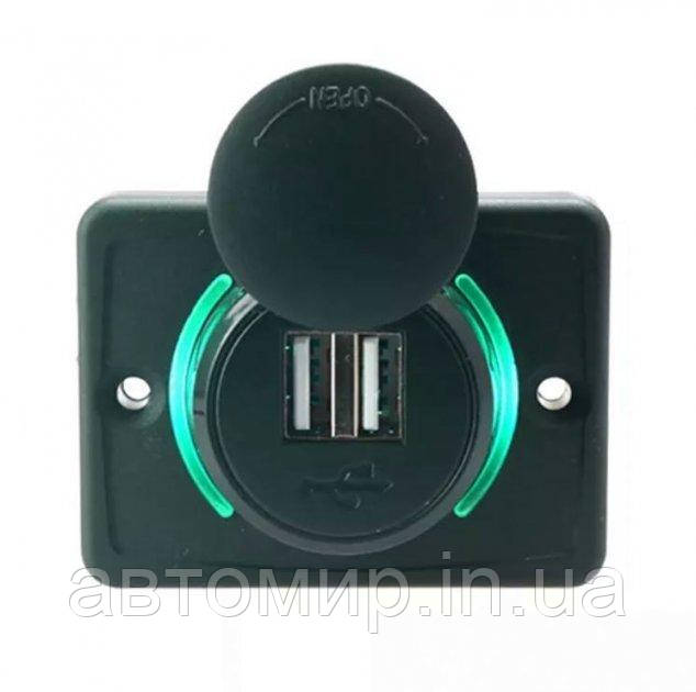 Автомобільна зарядка накладна, Гніздо-прикур. накладне 2 USB, 1 А/2,1 А, з індикатором з кришкою 12/24 В зелен, фото 1