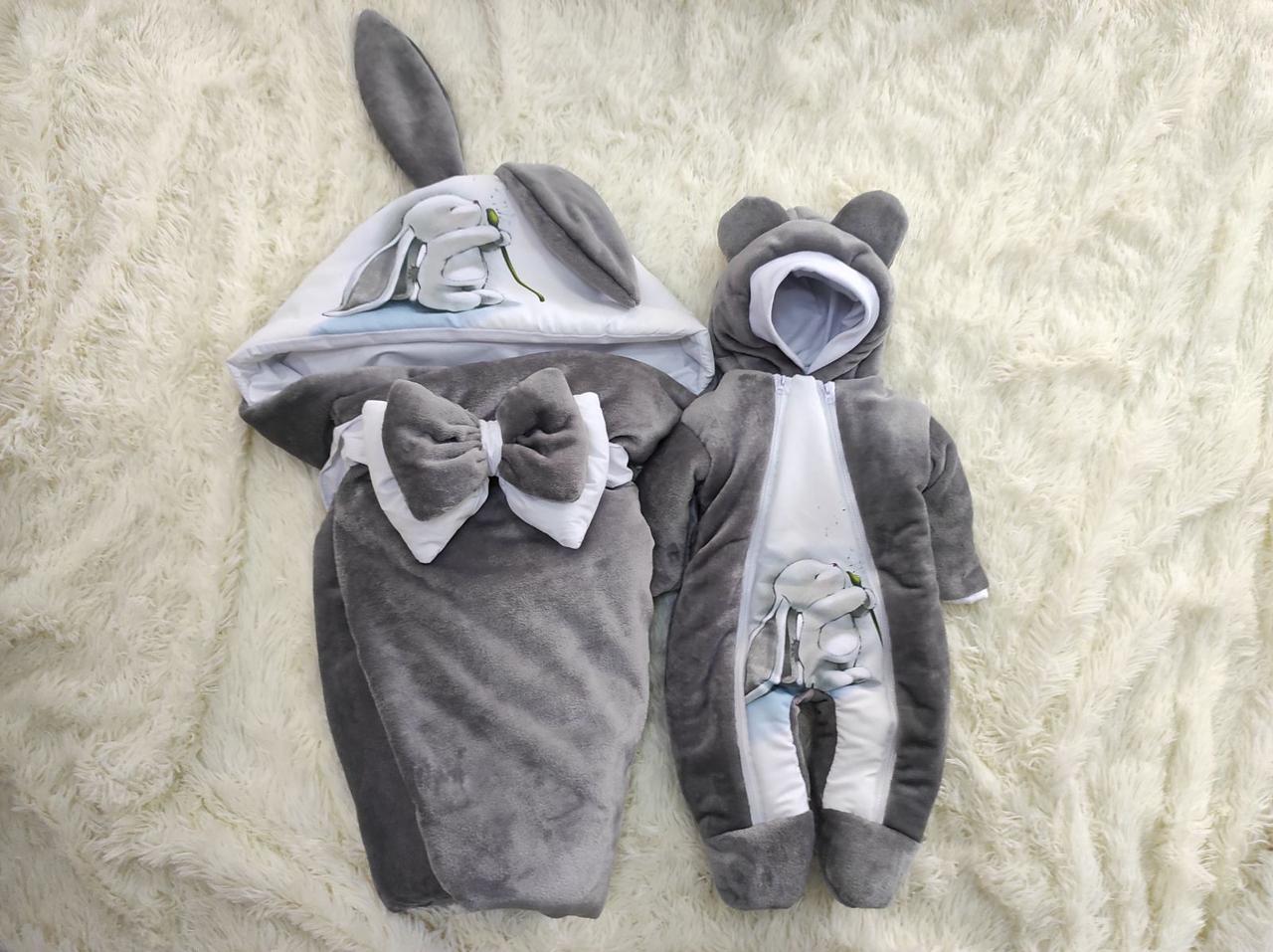 Махровий комплект одягу для новонароджених зимовий, принт зайчик, сірий