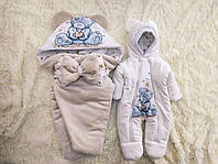 Махровый комплект одежды для новорожденных демисезонный, принт мишка, капучино с белым
