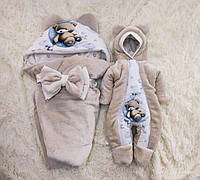 Махровый комплект одежды для новорожденных зимний, принт мишка, капучино