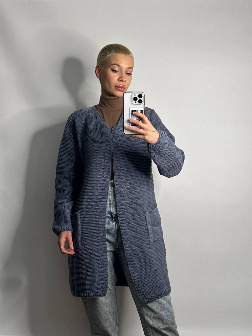 Жіночий теплий кардиган машинний в'язки з кишенями, фото 1