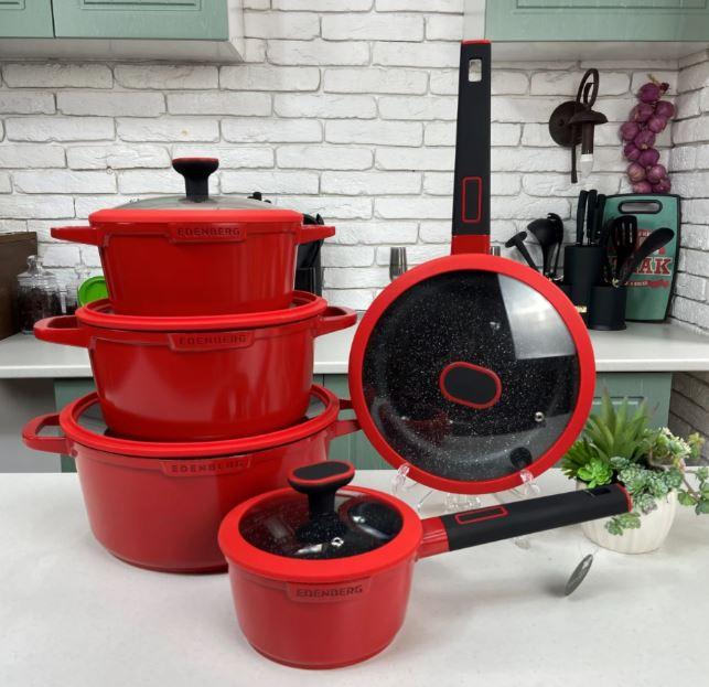 Набір посуду з 12 предметів Edenberg із мармуровим покриттям ЯРКО КРАСНІ, фото 1