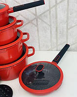 Набір посуду з 12 предметів Edenberg із мармуровим покриттям ЯРКО КРАСНІ, фото 2