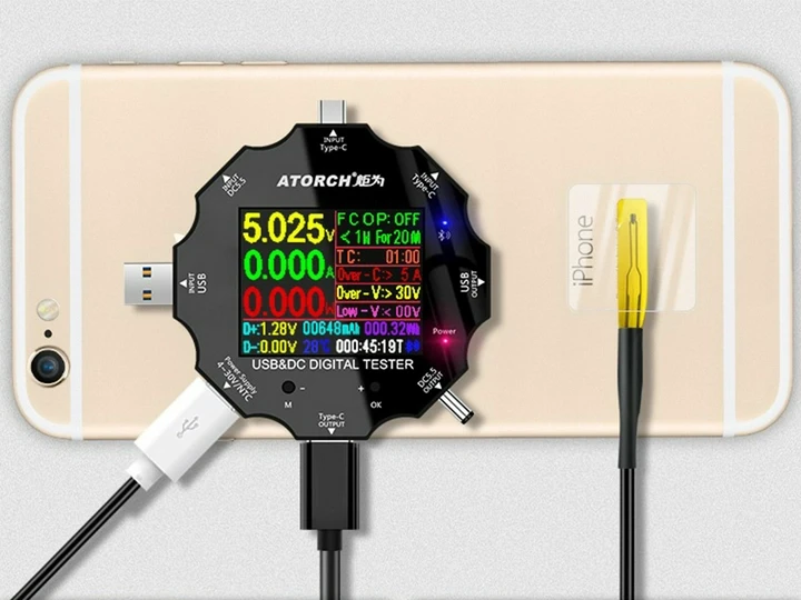 USB Тестер ATORCH UD18 — 18 в 1 (DC: 3,6V-32V, I: 0-5,1A, 0-99999Ah, 0-99999Wh) з Bluetooth (Android та iOS), фото 1