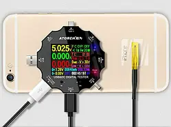 USB Тестер ATORCH UD18 — 18 в 1 (DC: 3,6V-32V, I: 0-5,1A, 0-99999Ah, 0-99999Wh) з Bluetooth (Android та iOS)