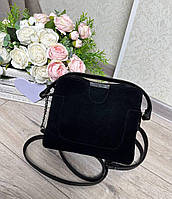 Небольшая замшевая женская сумочка через плечо сумка черная натуральная замша+кожзам